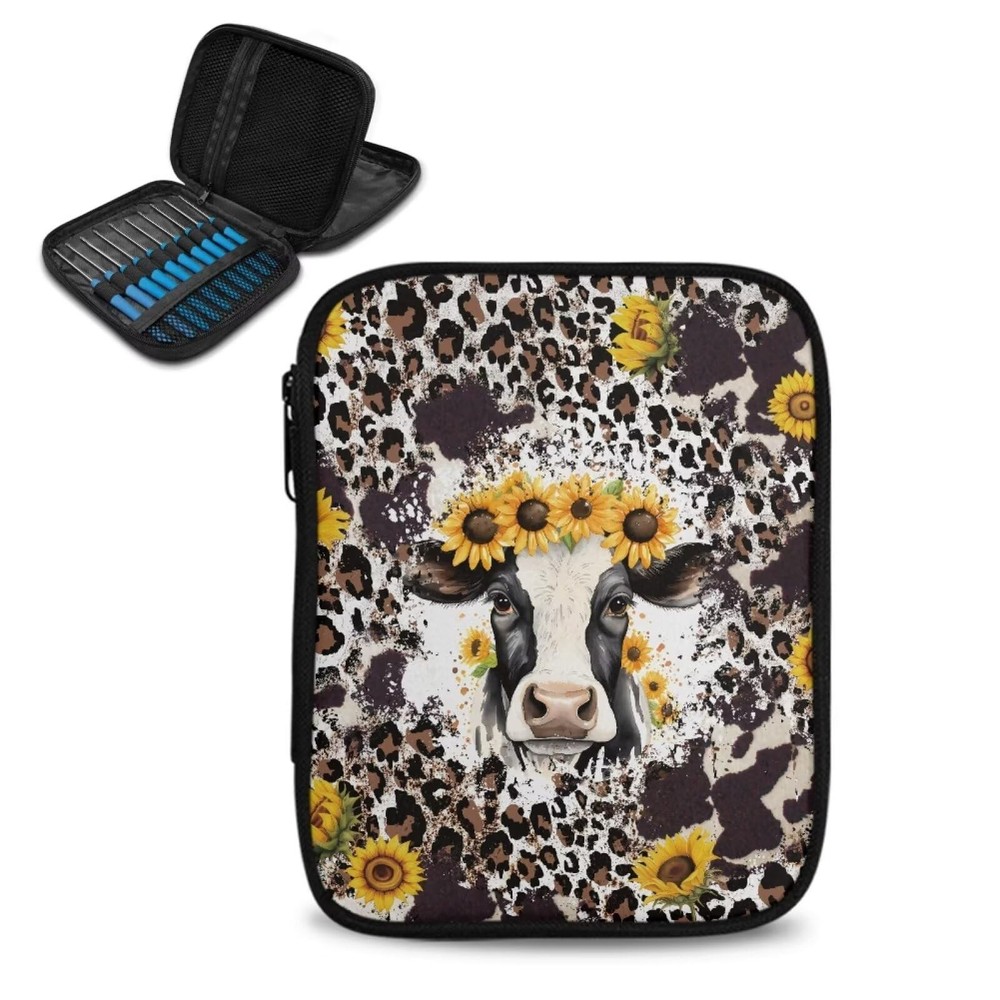 Kathyboom Cowhide Sunflower Empty Crochet Hook Case -