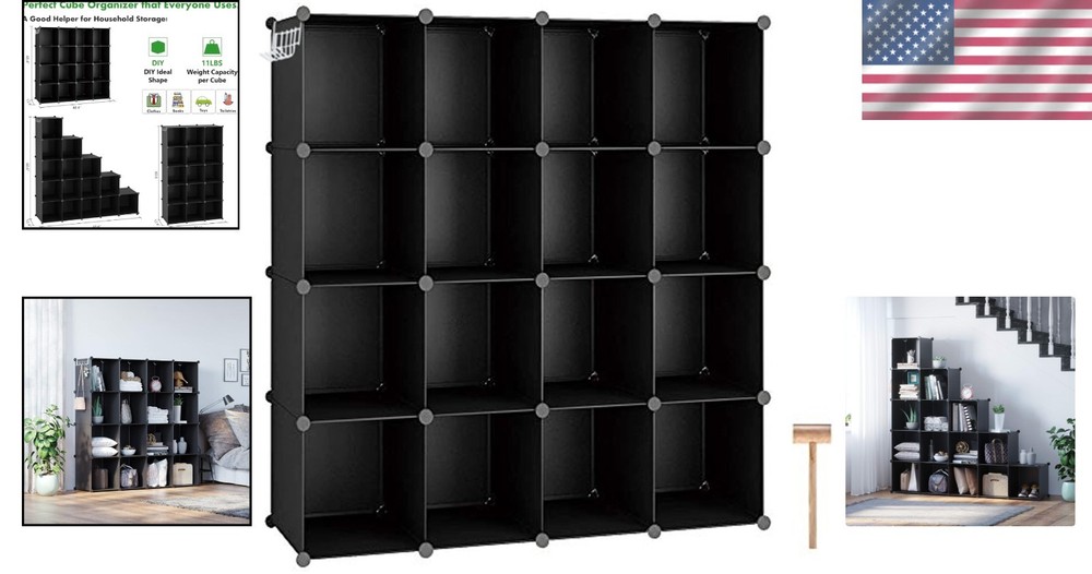 Versatile 16-Cube Storage Solution for Home, Office & Bedroom – Sturdy Black