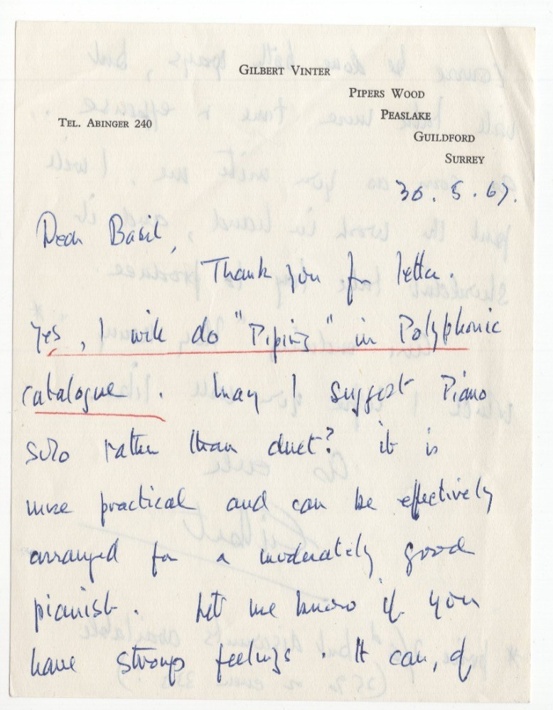 Gilbert Vinter Signed Letter 1967 / Autographed British Composer