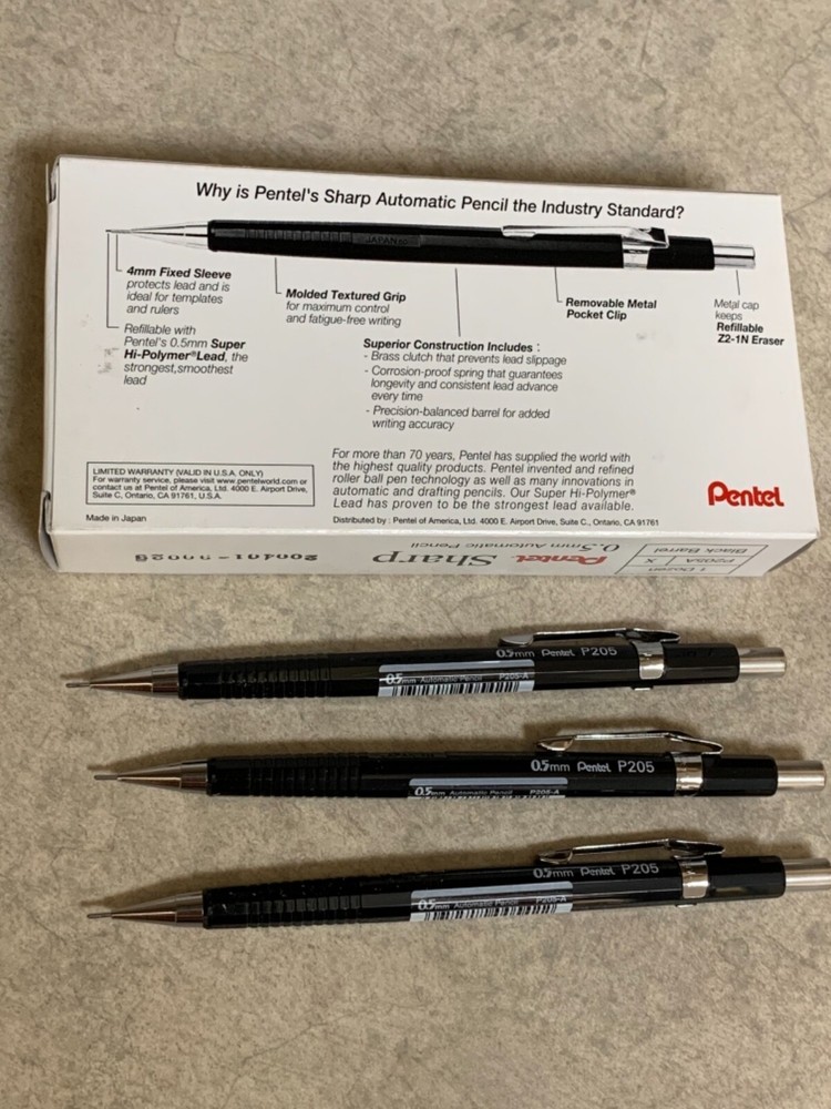 NEW 3 EACHES PENTEL SHARP .5 MM AUTOMATIC DRAFTING PENCILS P205A