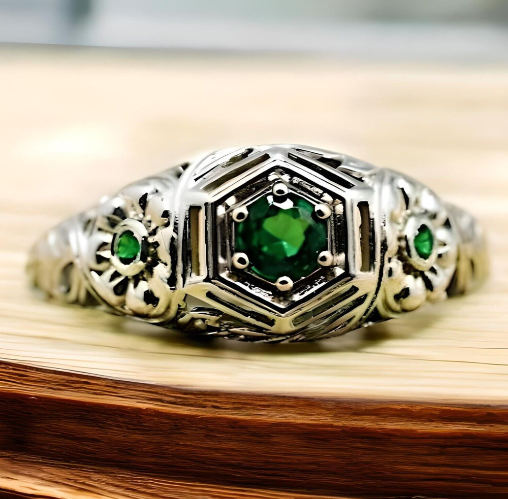 VINTAGE STYLE 925 SOLID STERLING SILVER SIMULATED EMERALD RHODIUM RING 1783