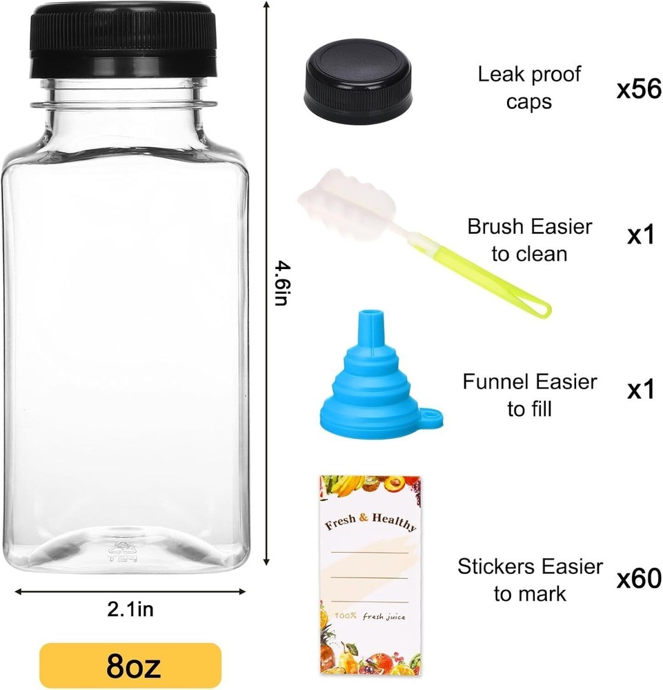 56pc 8oz Plastic Juice Bottles w/Caps Reusable Plastic Juicing Bottles Container