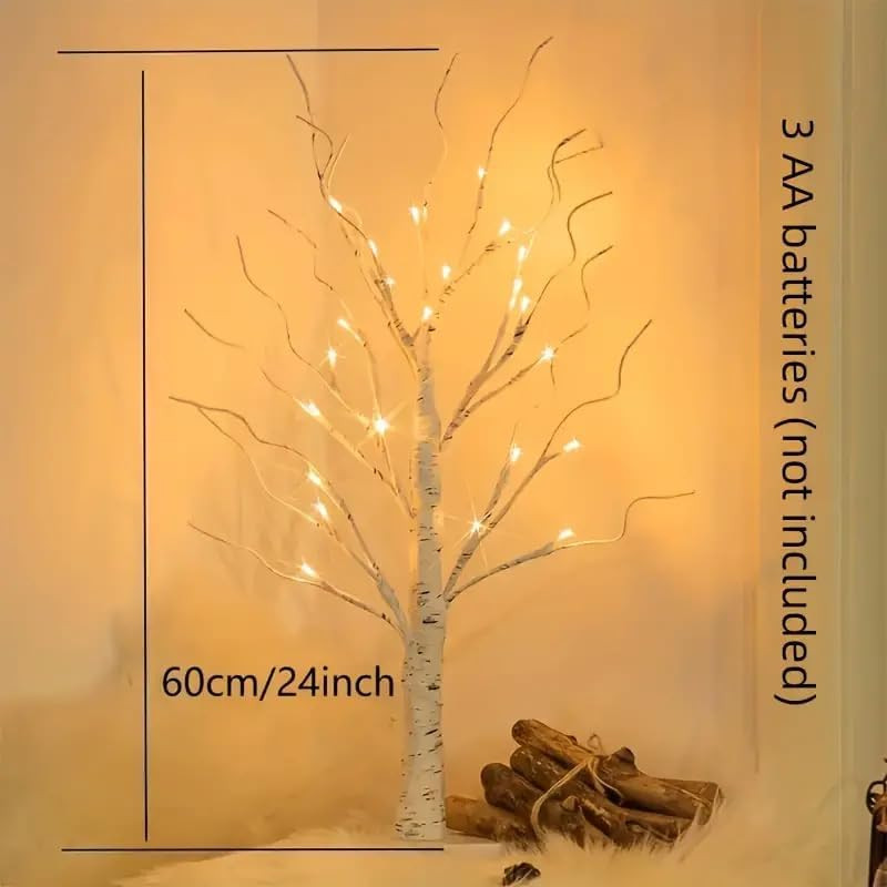 Artificial Tree for Easter Decorations, 2 FT Birch Tree with LED Lights, Warm Wh