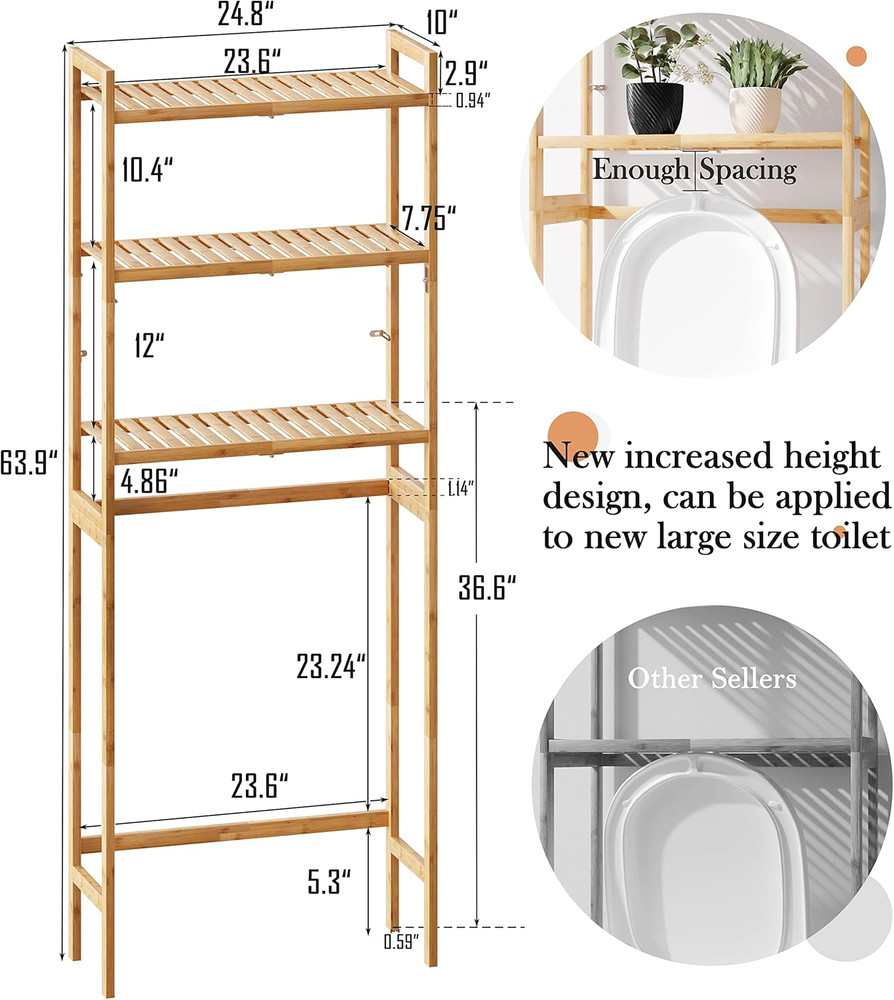 3-Tier Bamboo Over Toilet Storage Organizer - Space-Saving Bathroom Shelf
