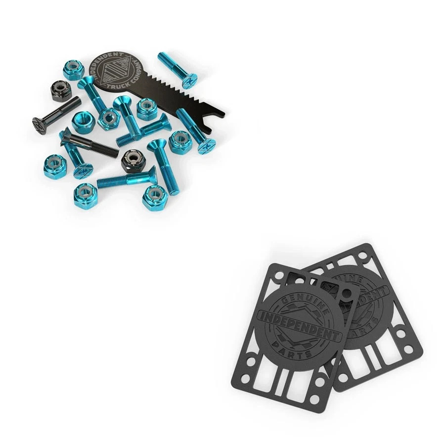 Independent Trucks Skateboard Hardware 1" Black/Blue + Tool +  Indy Risers