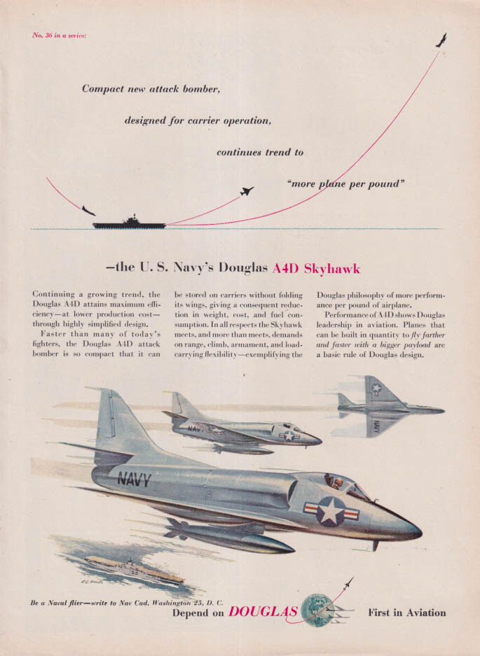 Compact new attach bomber for carrier operation Douglas A4D Skyhawk ad 1954