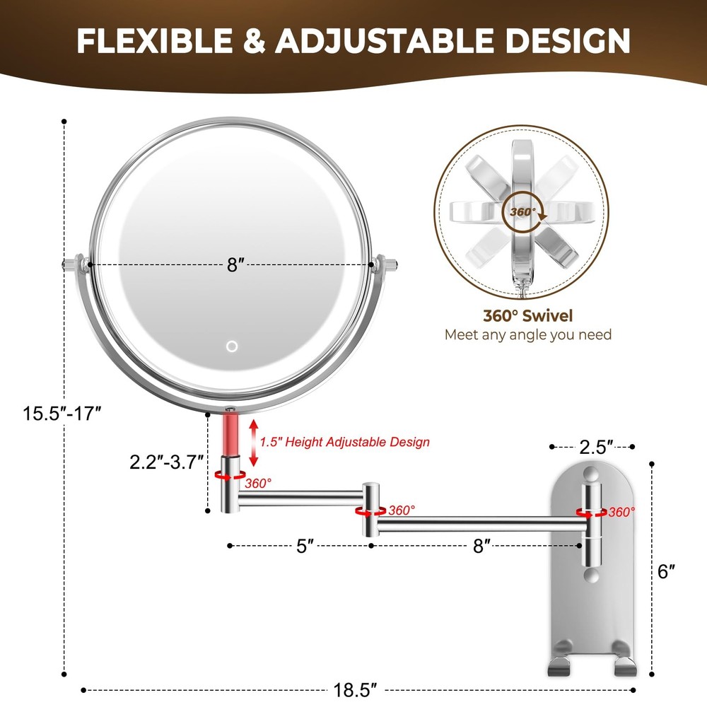 8" Wall Mounted Lighted Makeup Mirror, 3000mAh Rechargeable Double Sided 1X/1...