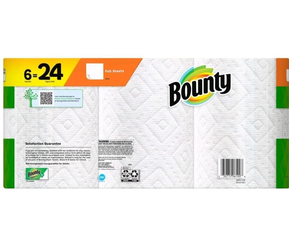 Bounty Full Sheet Paper Towels, 6 Mega Rolls, White