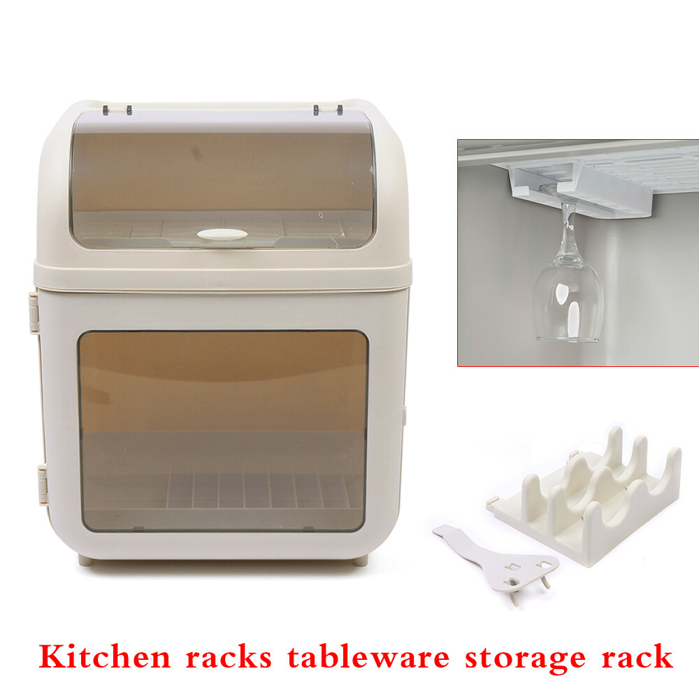 Kitchen Tableware 2-Tier Storage Box Cupboard Covered Dustproof Rack Dish Holder