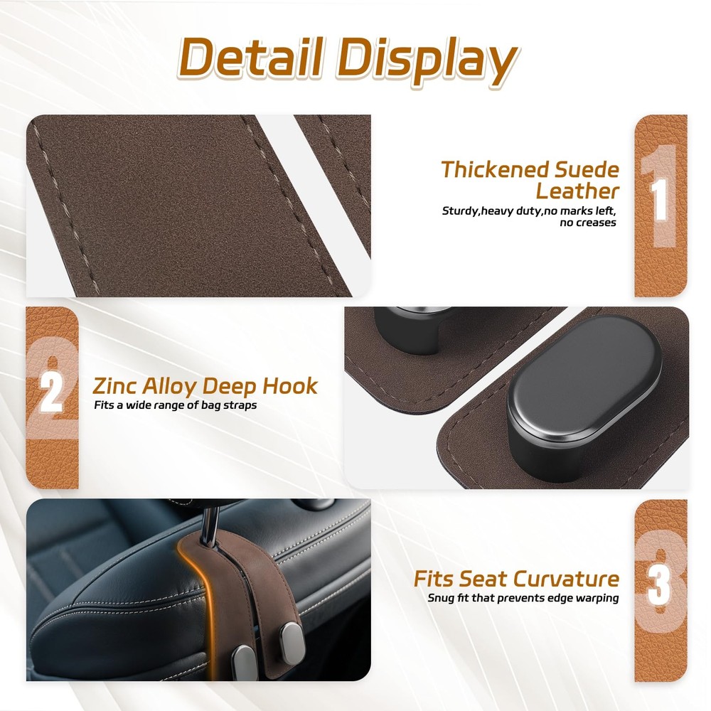 Fitnice Car Seat Headrest Hooks - 2 Pack Universal Purse Hook, Brown