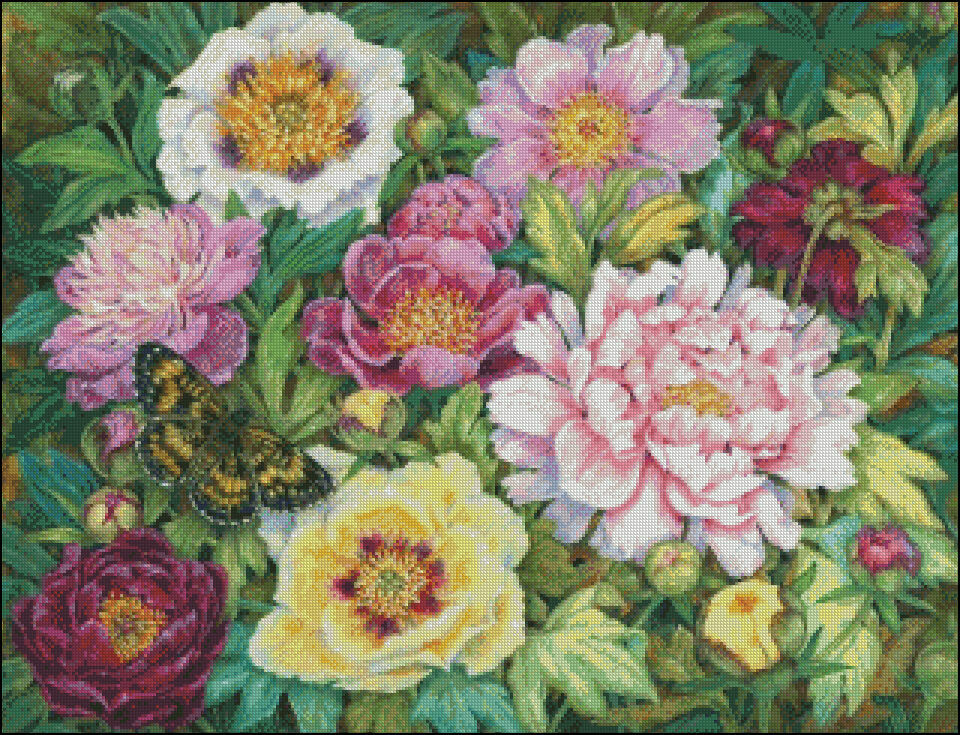 Peony and Butterfly-Chart Needlework Crafts DIY-Counted Cross Stitch Pattern