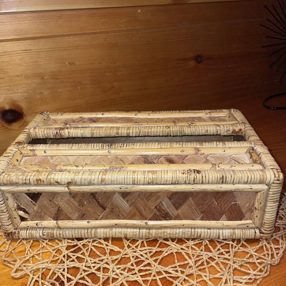 Vintage Tissue Box Cover Holder Bamboo Rattan Wicker Coastal Boho Rectangular