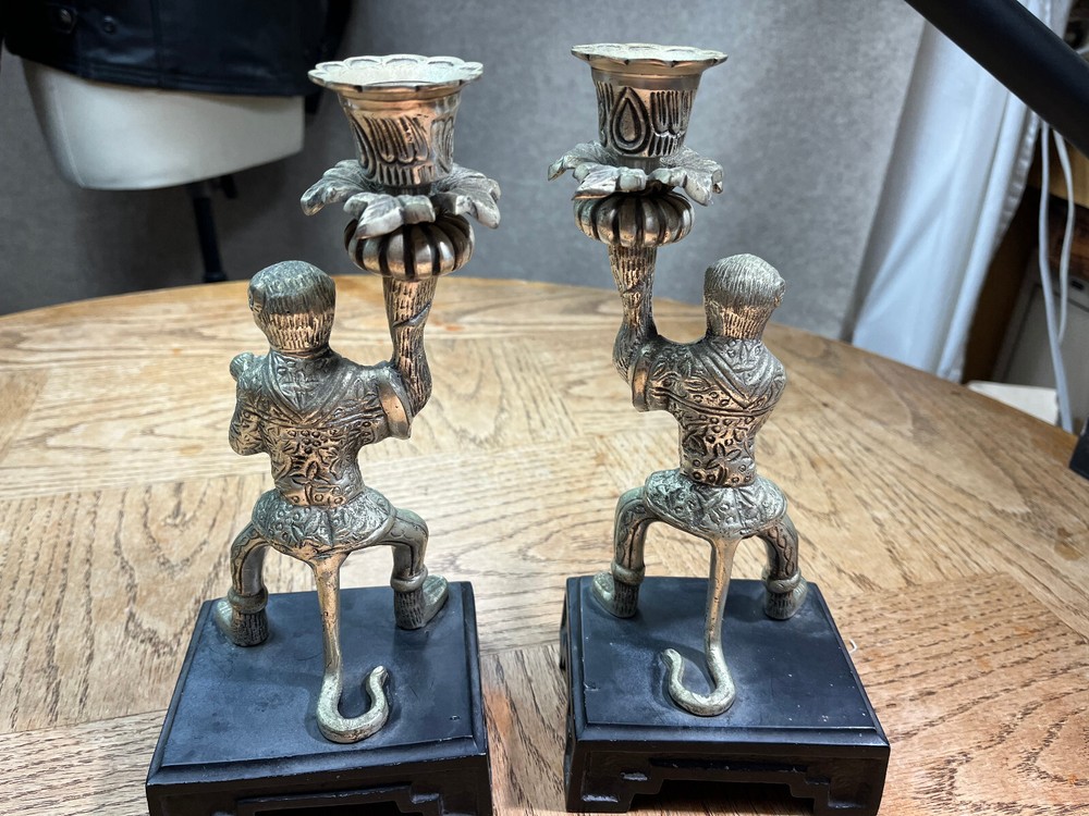 Pair Vintage Silver plated Monkey Warrior Candlestick Holder