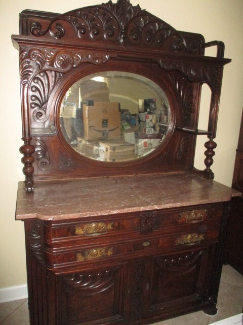 Antique Victorian Walnut Sideboard w/ Brown Marble Top