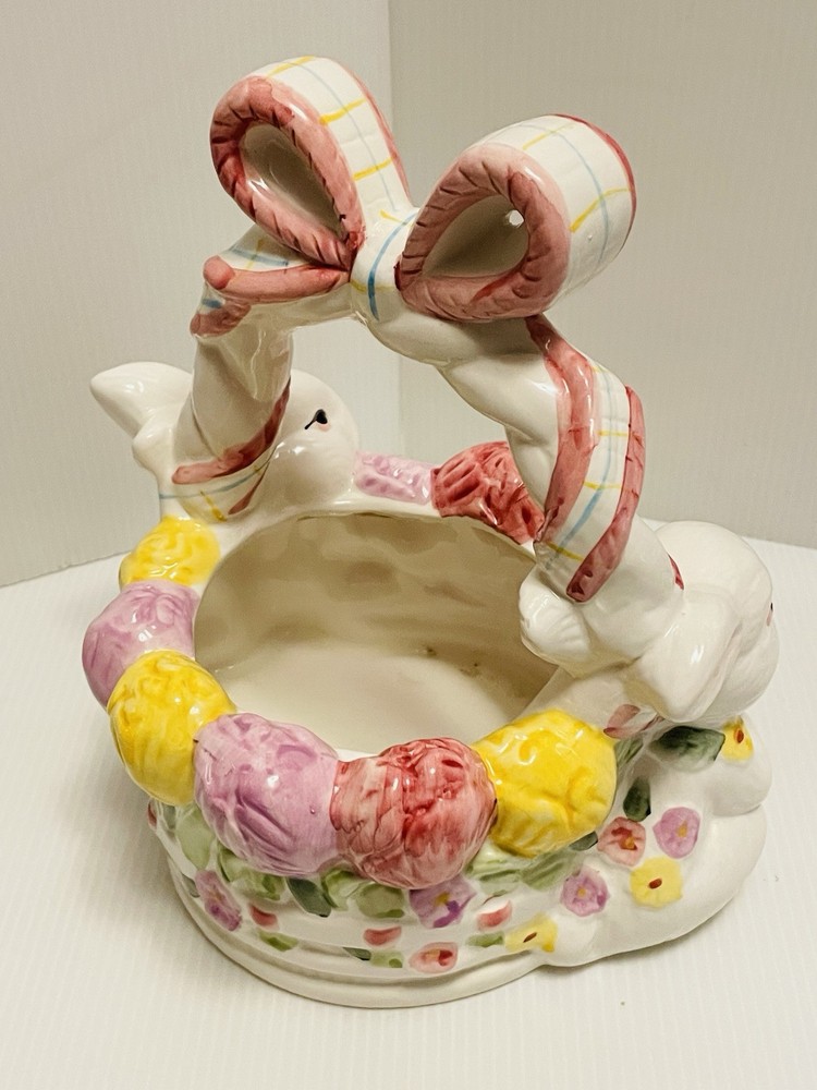 Ceramic Easter Egg Basket with Bow Handle Spring Bouquet and 2 Bunnies/Rabbits.