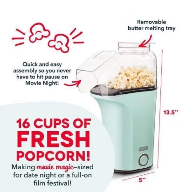 Dash 16-Cup Electric Popcorn Maker - 1400W, 8 Kernel Capacity, Aqua, Easy Clean