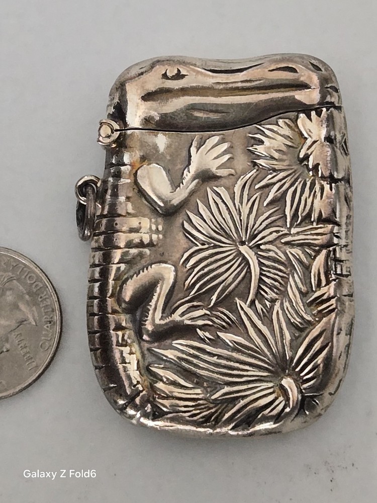 antique sterling silver vesta case match safe Alligator