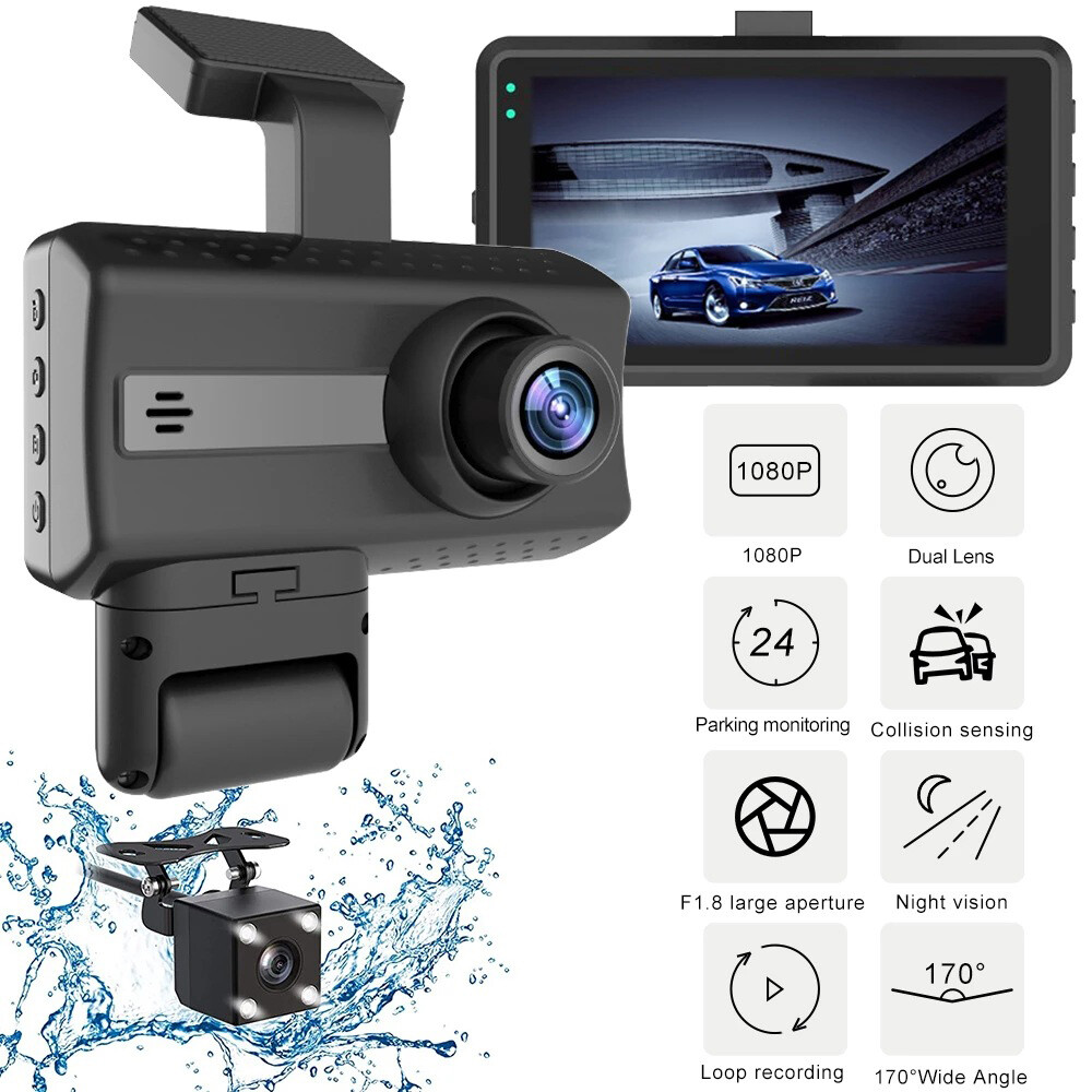 1080P Dual Dash Cam DVR Night Vision Video Recorder Front Inside/Behind Camera