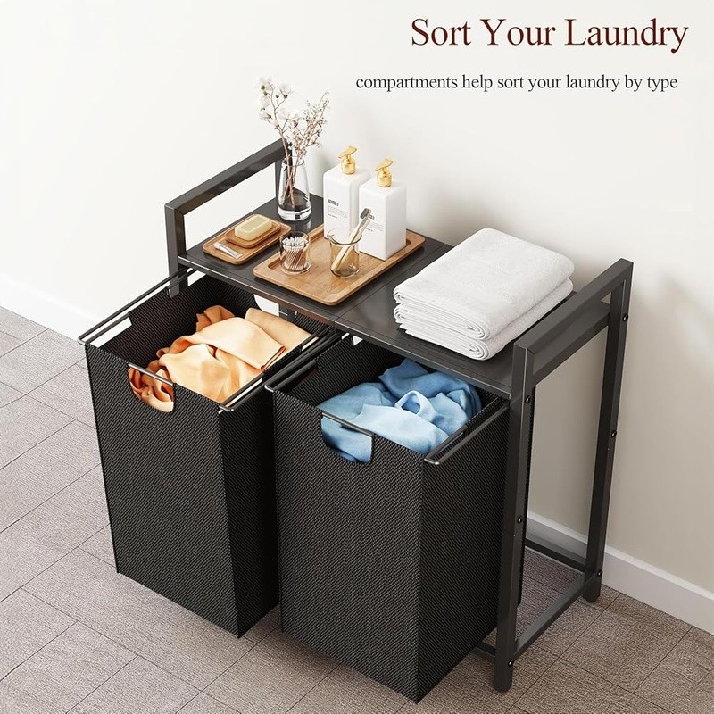 Dual Compartment Laundry Hamper W/ Pull-Out Bags Shelf Organizer Durable Fabric