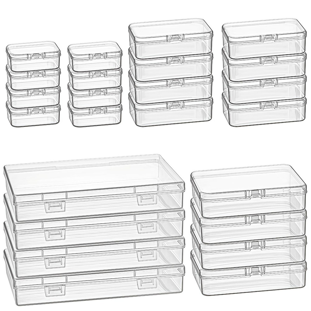 24 Mini Plastic Storage Boxes with Hinged Lids - Clear Containers, Mixed Sizes