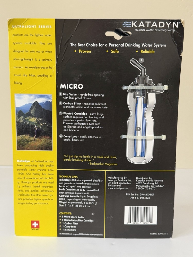 Katadyn Micro Personal Water Purifier Filter Water Bottle Camping Hiking