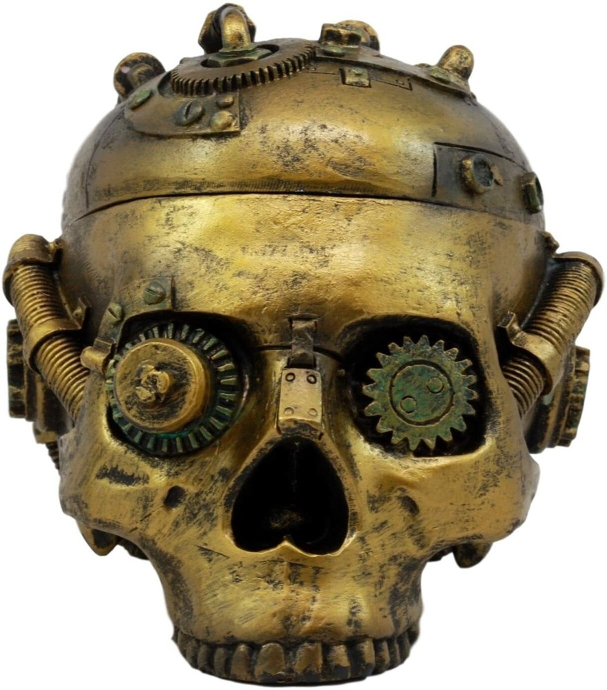 Steampunk Skull Box Robotic Gearhead Half Head 7.5" Long Container Keepsake Box