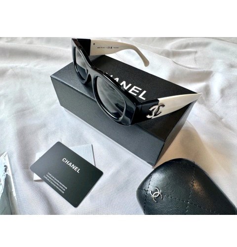 Authentic CHANEL 5525 POLARIZED BLACK & WHITE RECTANGLE SUNGLASSES