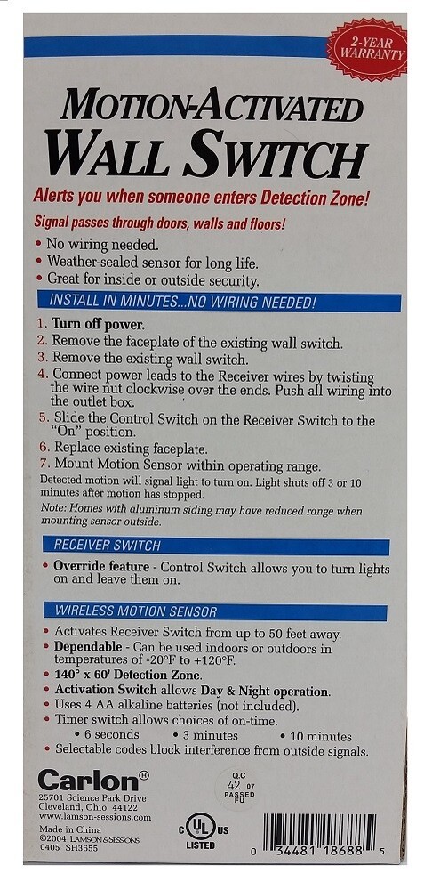 ***USEDOPEN BOX Carlton Automatic Lighting MotionActivated Wall Switch with Remo