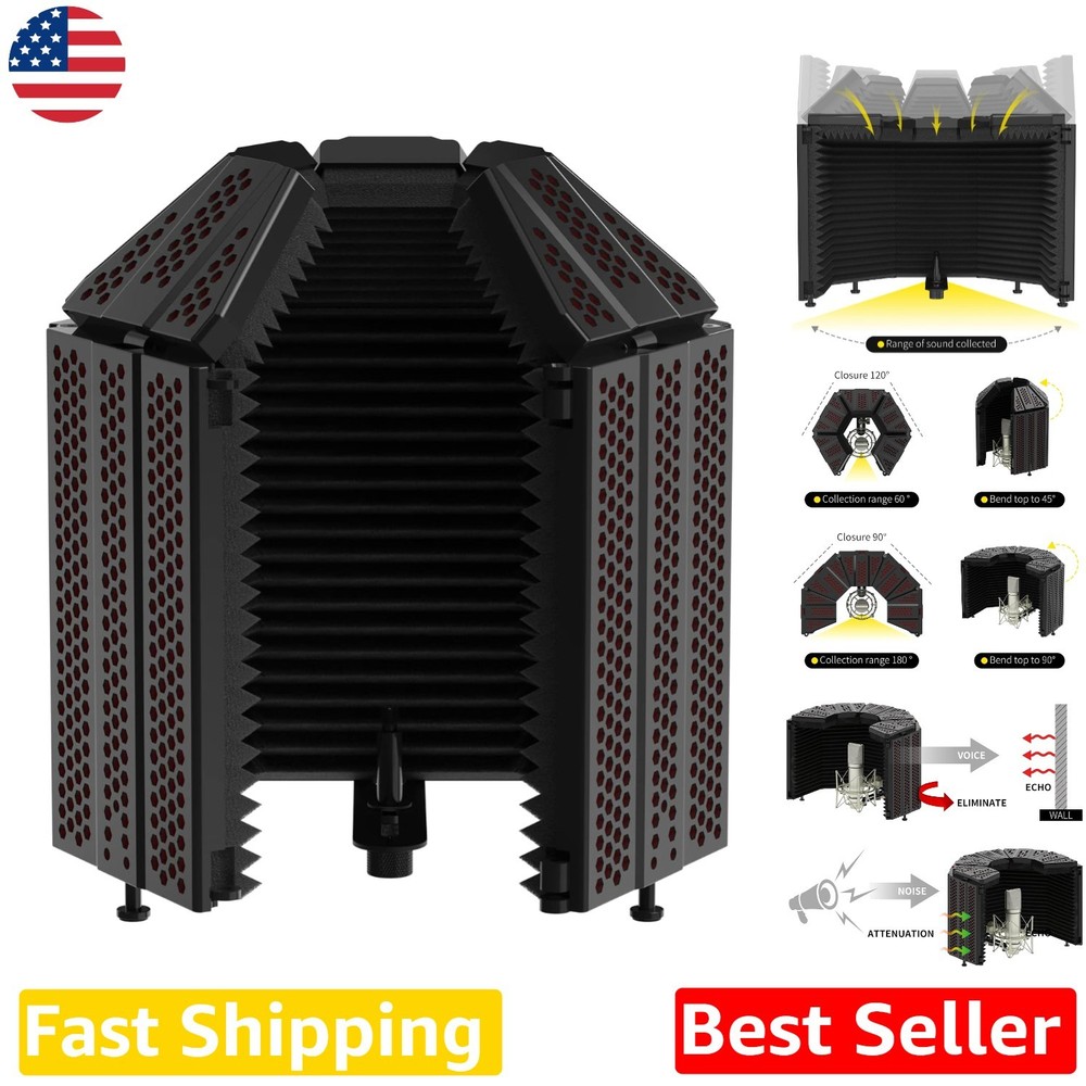 Microphone Isolation Shield 5-Panel Foldable Studio Soundproof Cover Black