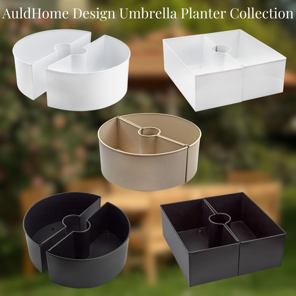 Umbrella Planter for Patio Table w/Umbrella Hole (Black), Enamelware Half-Cir...
