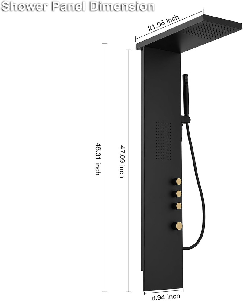 Black Stainless Steel Shower Panel with Rainfall, Jets & Handheld 3-Functions