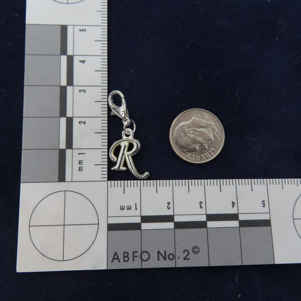Initial CURSIVE LETTER R Charm Zipper Pull Keychain Add On Clip Silver Tone Lg