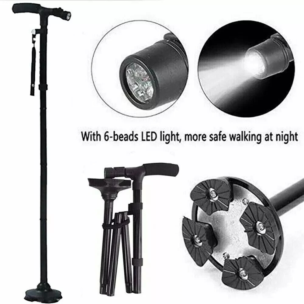 New Folding Walking Cane with LED Light, Adjustable Walking Stick with Carryin