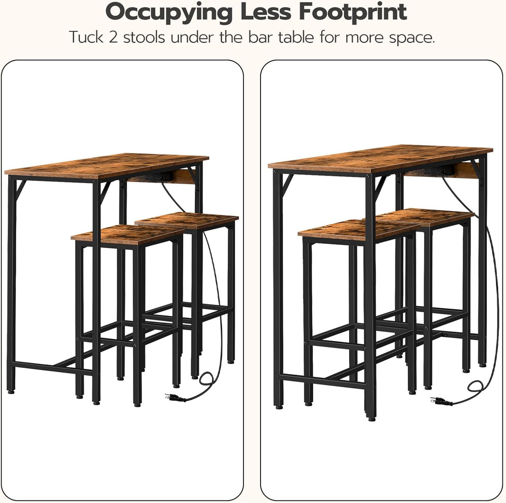 Rustic 3-Piece Bar Table Set with Power Outlet - Compact & Stylish