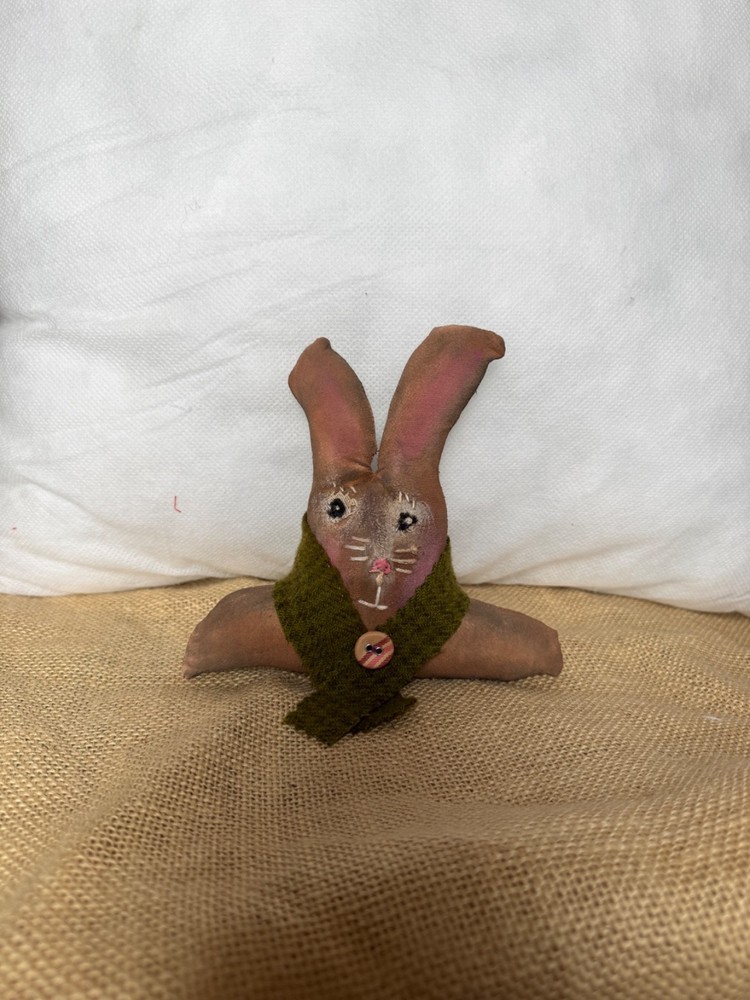 Handmade Primitive Brown Bunny, Wool Scarf, Easter Decor, Hostess Gift
