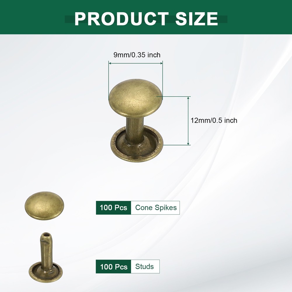 100 Sets Double Cap Leather Rivets, 9x12mm Round Cap Metal Studs, Bronze