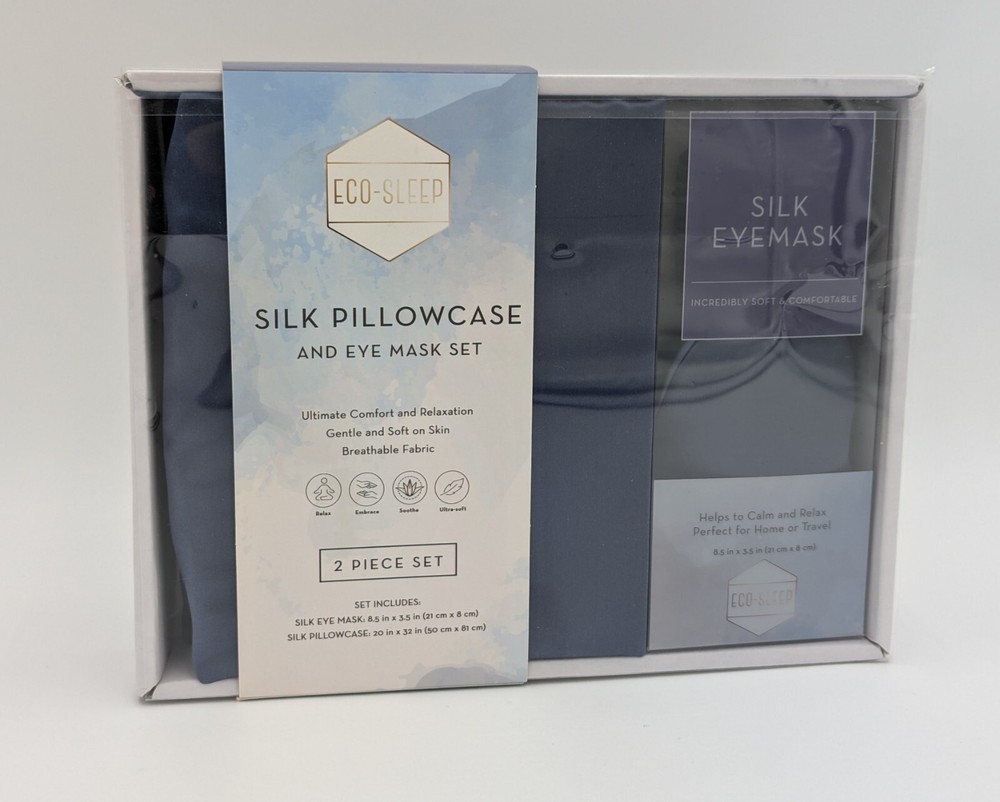 Eco-Sleep Real Silk Dark Blue Indigo Navy Luxury Soft Pillowcase & Eye Mask Gift