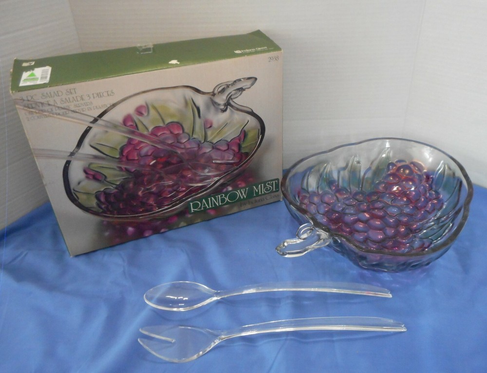 INDIANA GLASS 3 PIECE RAINBOW MIST GRAPE PATTERN SALAD BOWL SET