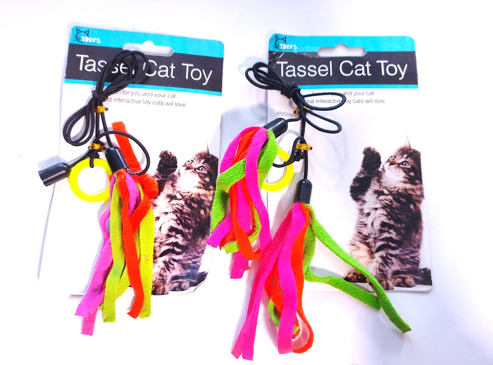 Tiny's group of two multicolored tassel cat toys