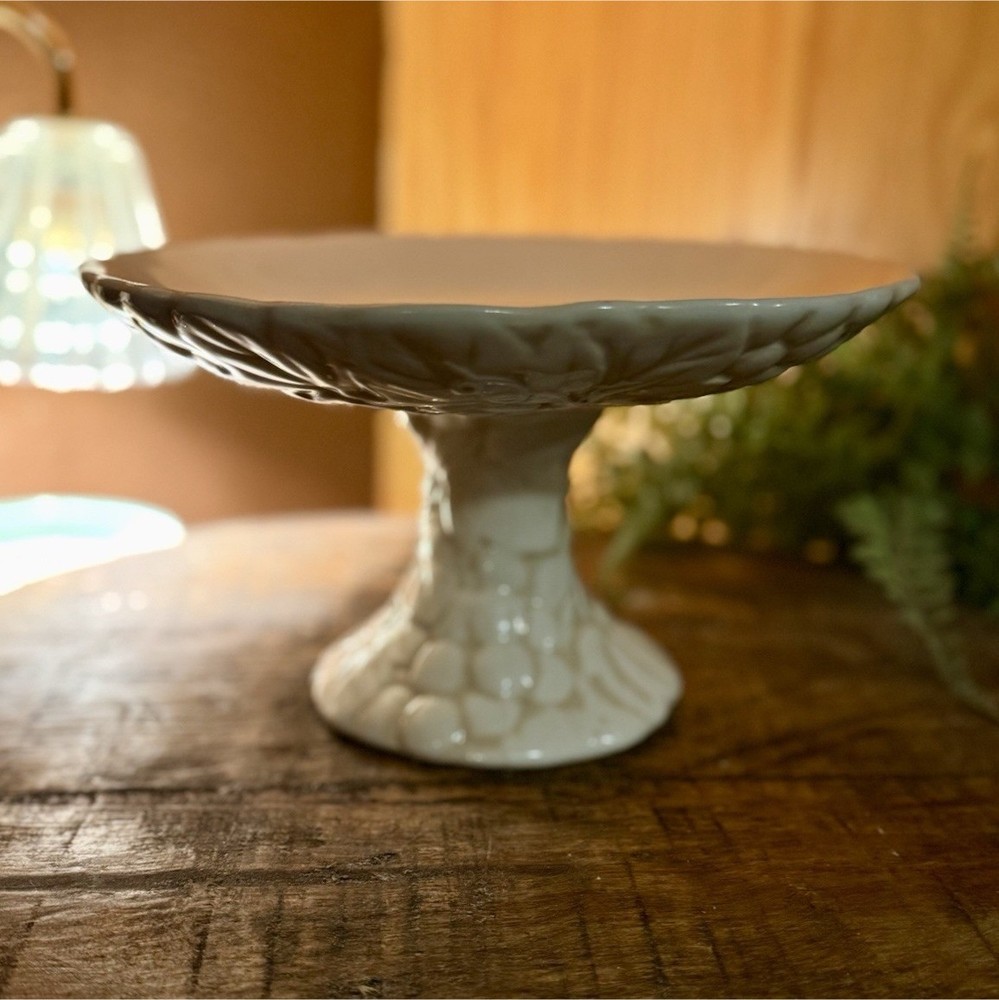 White Ceramic Cake Stand Round 9” Grape Pattern