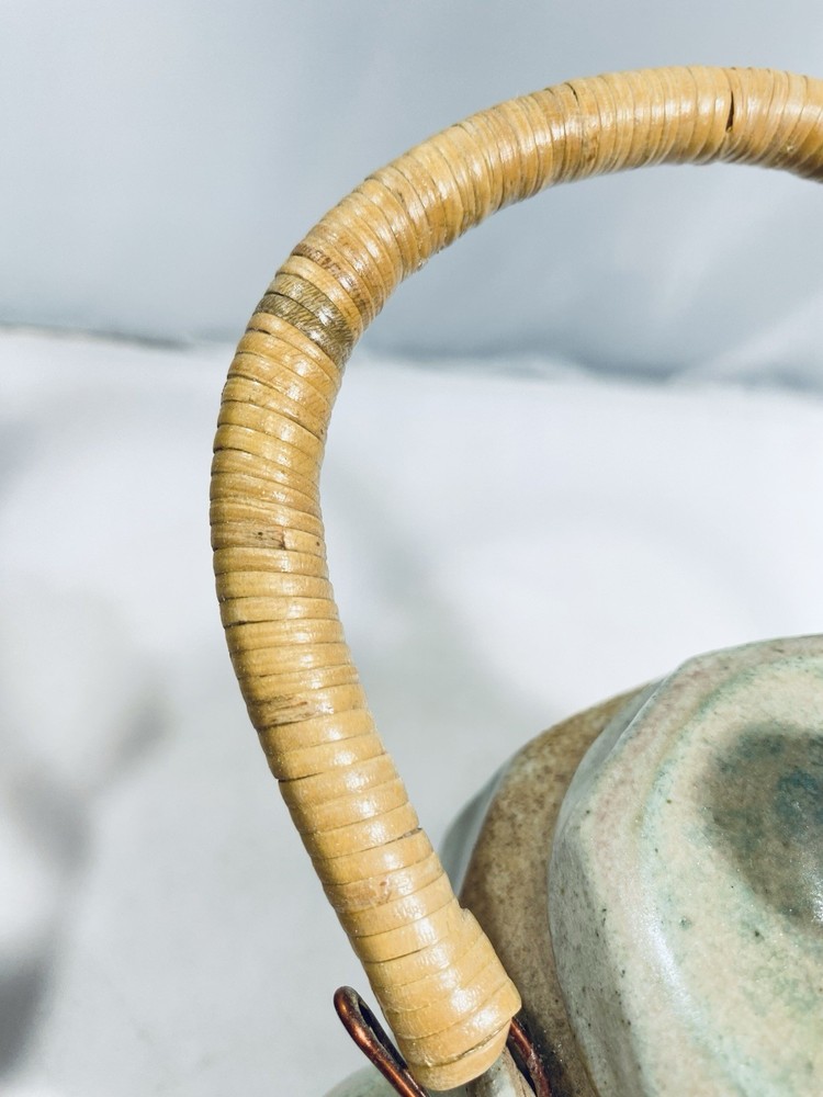 Studio Pottery Celadon Teapot Small Ceramic Rattan Wrapped Handle