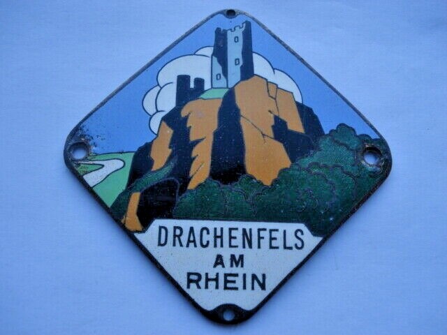 C1930S VINTAGE DRACHENFELS AM RHEIN ENAMEL DASHBOARD PLAQUE