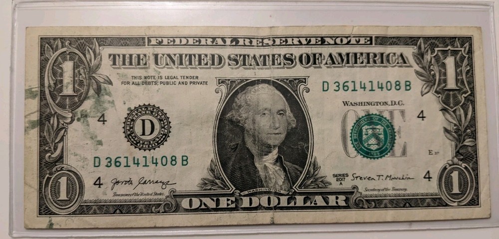2017 $1 Bill With A Matte Inking Error
