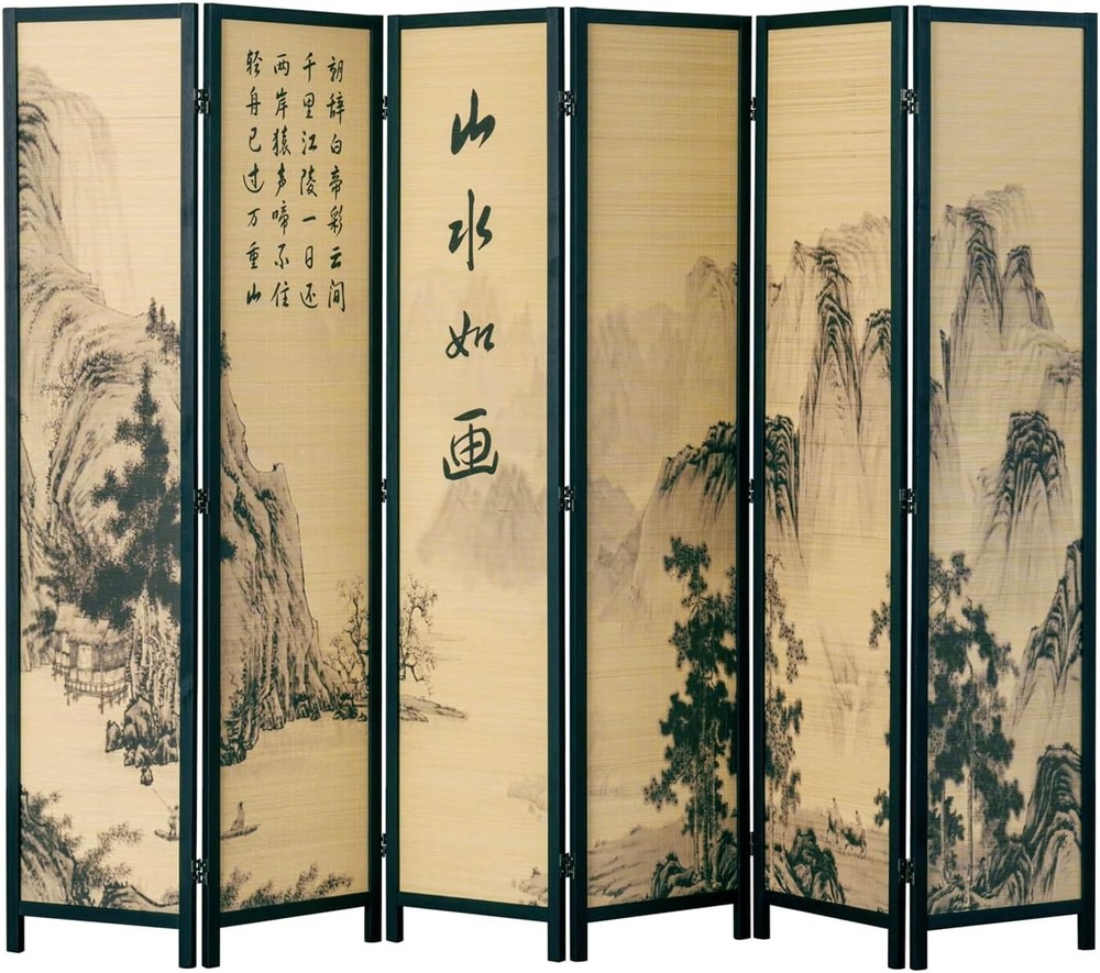 6-Panel Bamboo Screen Freestanding Room Divider with Asian Calligraphy Artwork