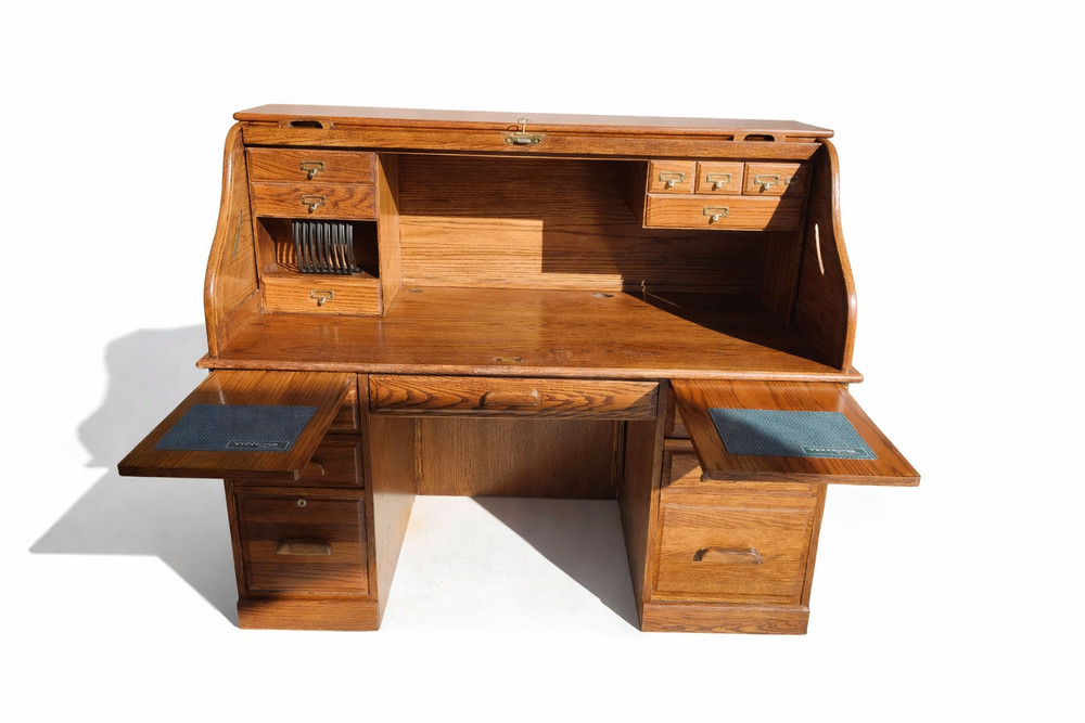 Winners Only Oak Roll Top Desk w/ Organizer Drawers & Pull-Out Slides – Solid Wo