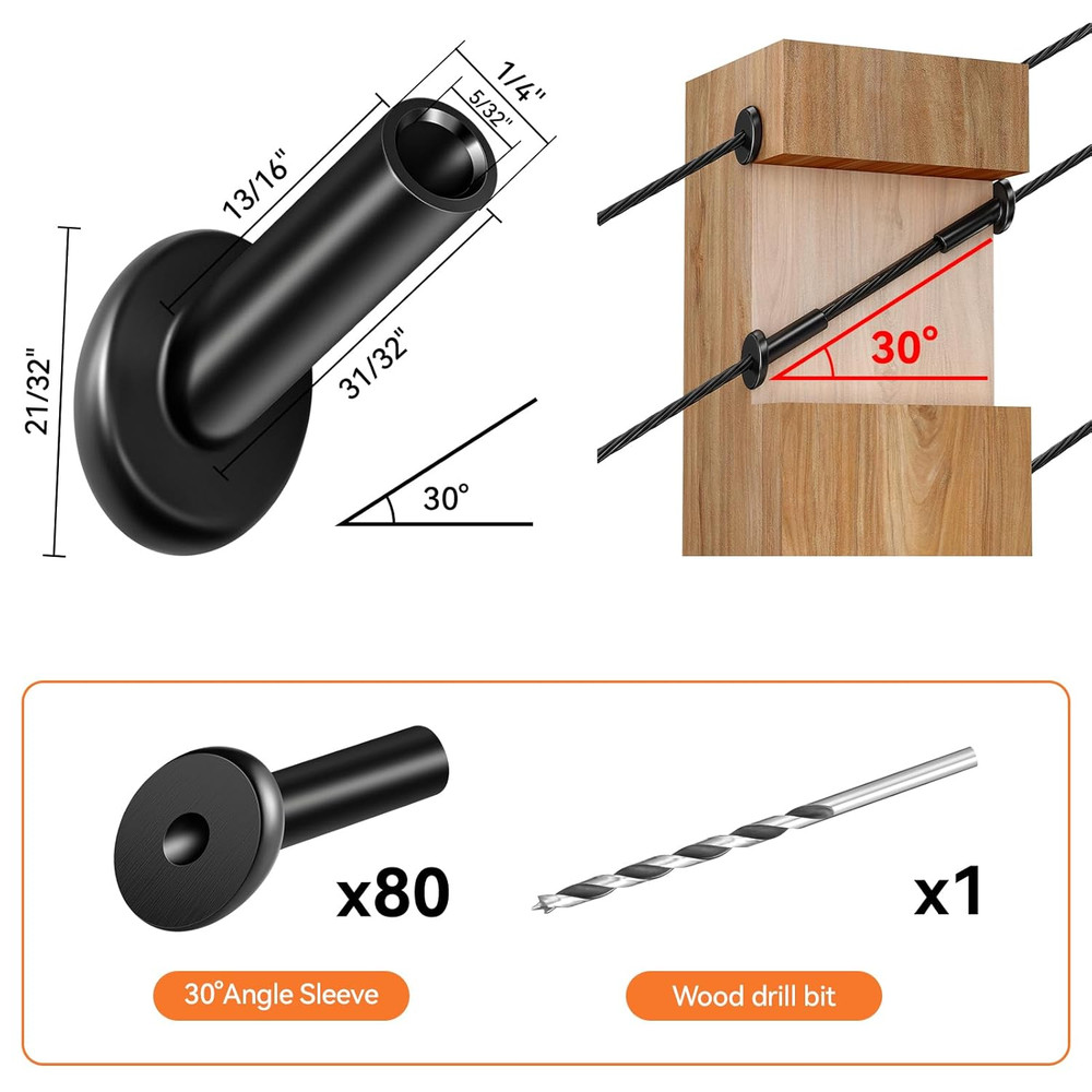 80 Pack Black Angle Beveled Protector Sleeves for Stair Cable Railing