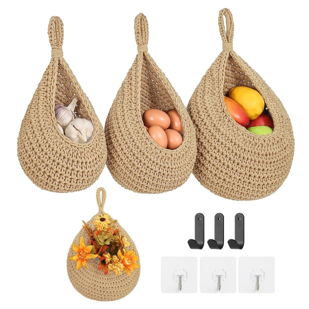 Boho Wall Hanging Fruit Baskets for Kitchen 3 Pack Woven Produce Holder with ...