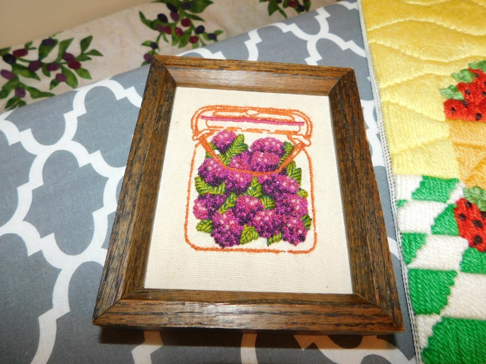 Needlepoint Fruit w/ Cheese Crewel Embroidery Berry Jam COMPLETED Handmade