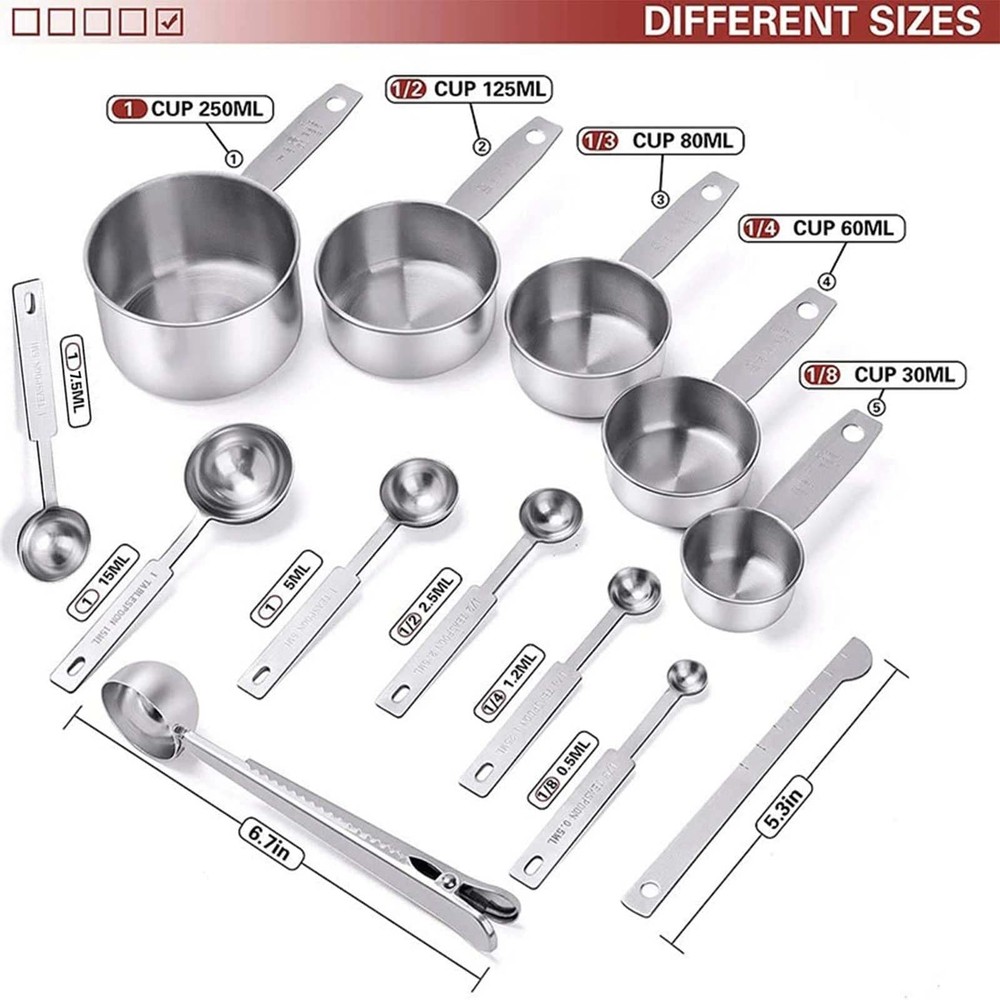 14pcs Measuring Spoons And Cups Set, Stainless Compact, Sliver