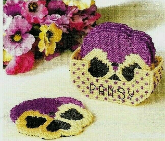 PANSY COASTERS & HOLDER HOME DECOR PLASTIC CANVAS PATTERN INSTRUCTIONS